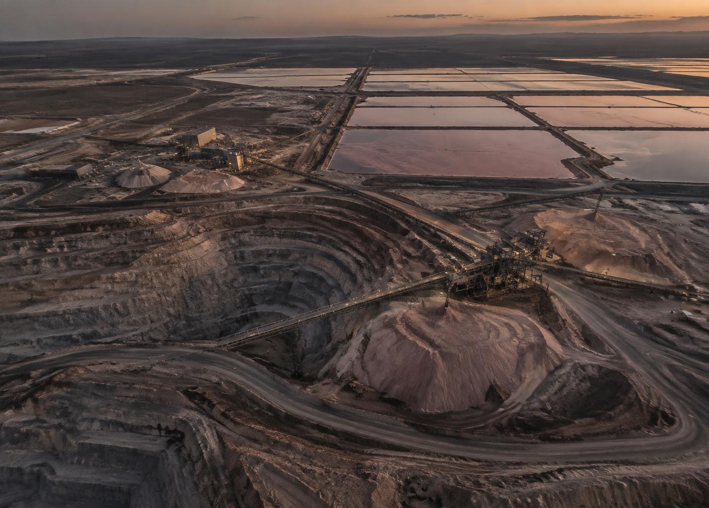 Aerial view of a potash mine and evaporation ponds